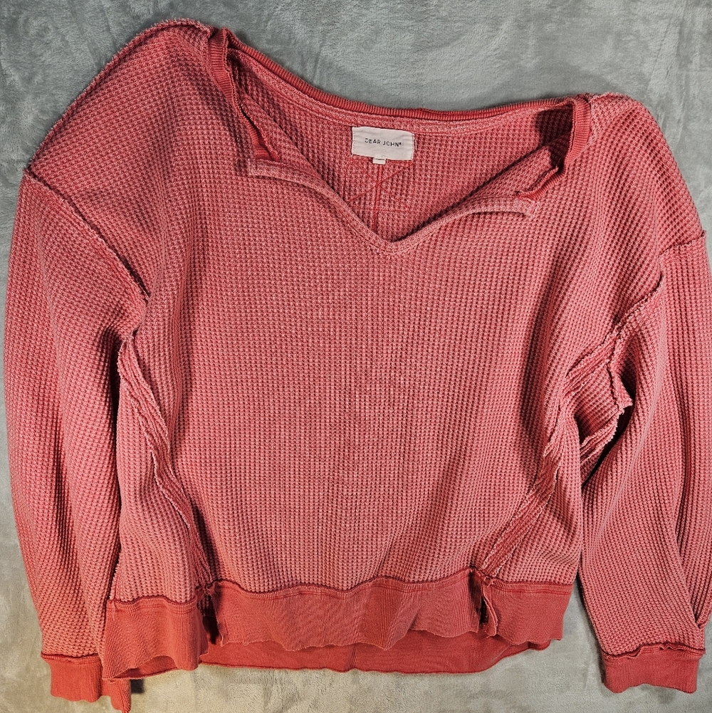 Dear John Waffle Knit Oversized Drop Shoulder Exposed Seam Vneck Henley Womens L